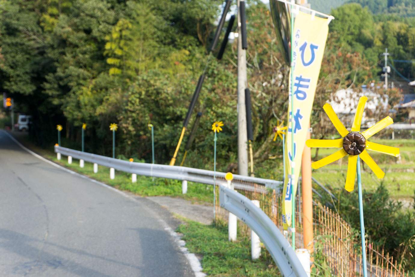 道に並んだペットボトルでできたひまわり